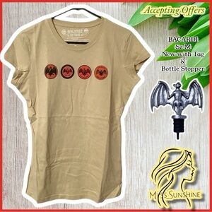 BACARDI NWT - Sz M - 2011 Promo T-Shirt & Pewter Bat Bottle Stopper